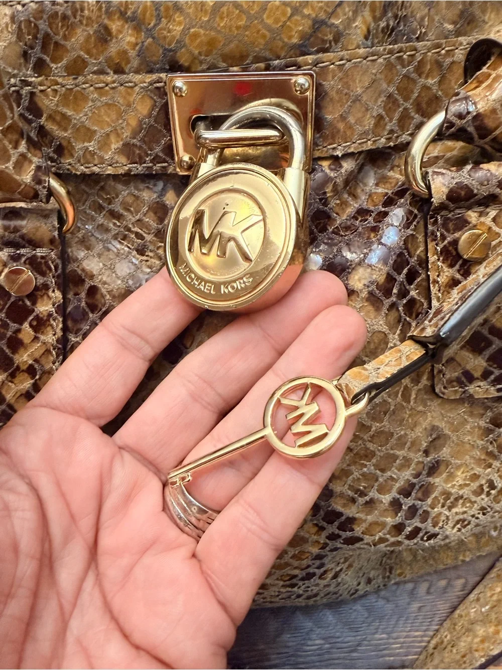 Michael Kors Hamilton satchel Snake Leather Brown Purse GUC 2 charm + key chain